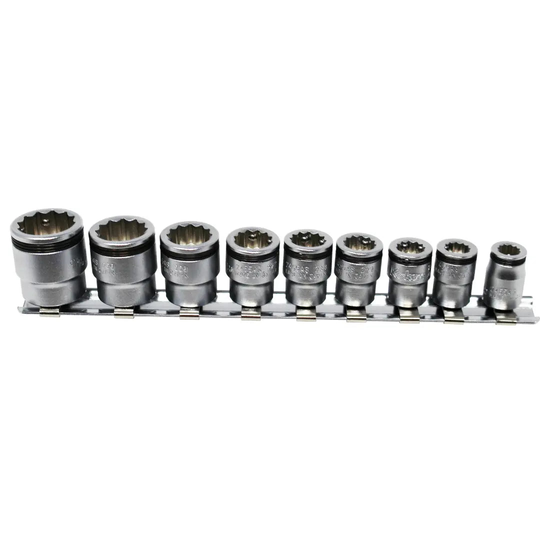 Ko-ken 1/4” Sq. Dr. 12-Point SAE NUT GRIP Socket Set (7/32”–9/16”) — 9 Pc Front View
