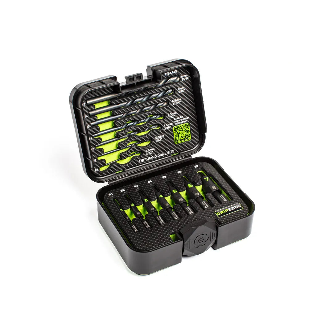 GRIPEDGE G-FORS Bolt Extractor Set — 14-Pc (Hammer-In, Left-Hand Drill Bits)