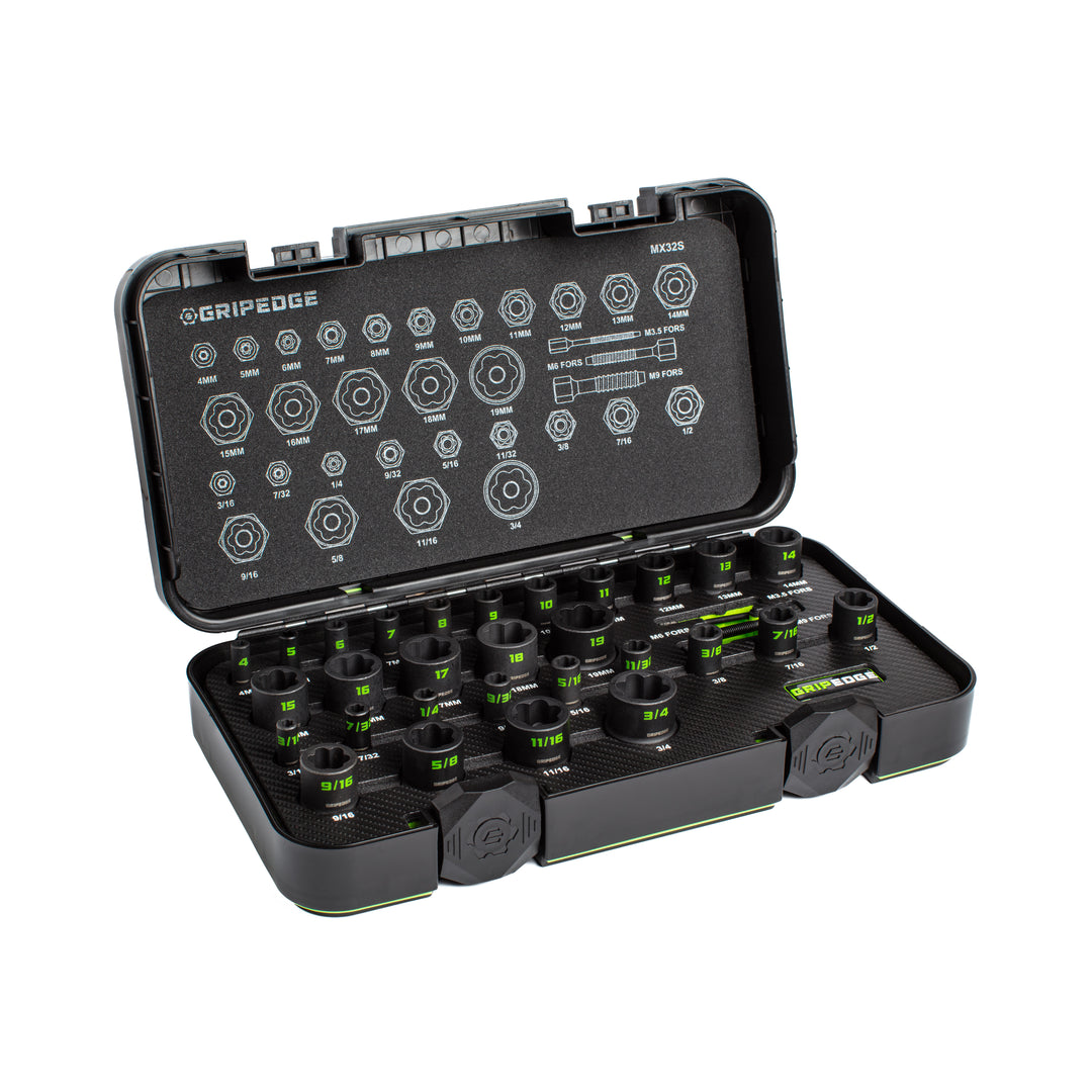 GRIPEDGE RPT Socket Extractor Set — 32-Pc, 1/4″ & 3/8″ Drive, Metric & SAE Master Set