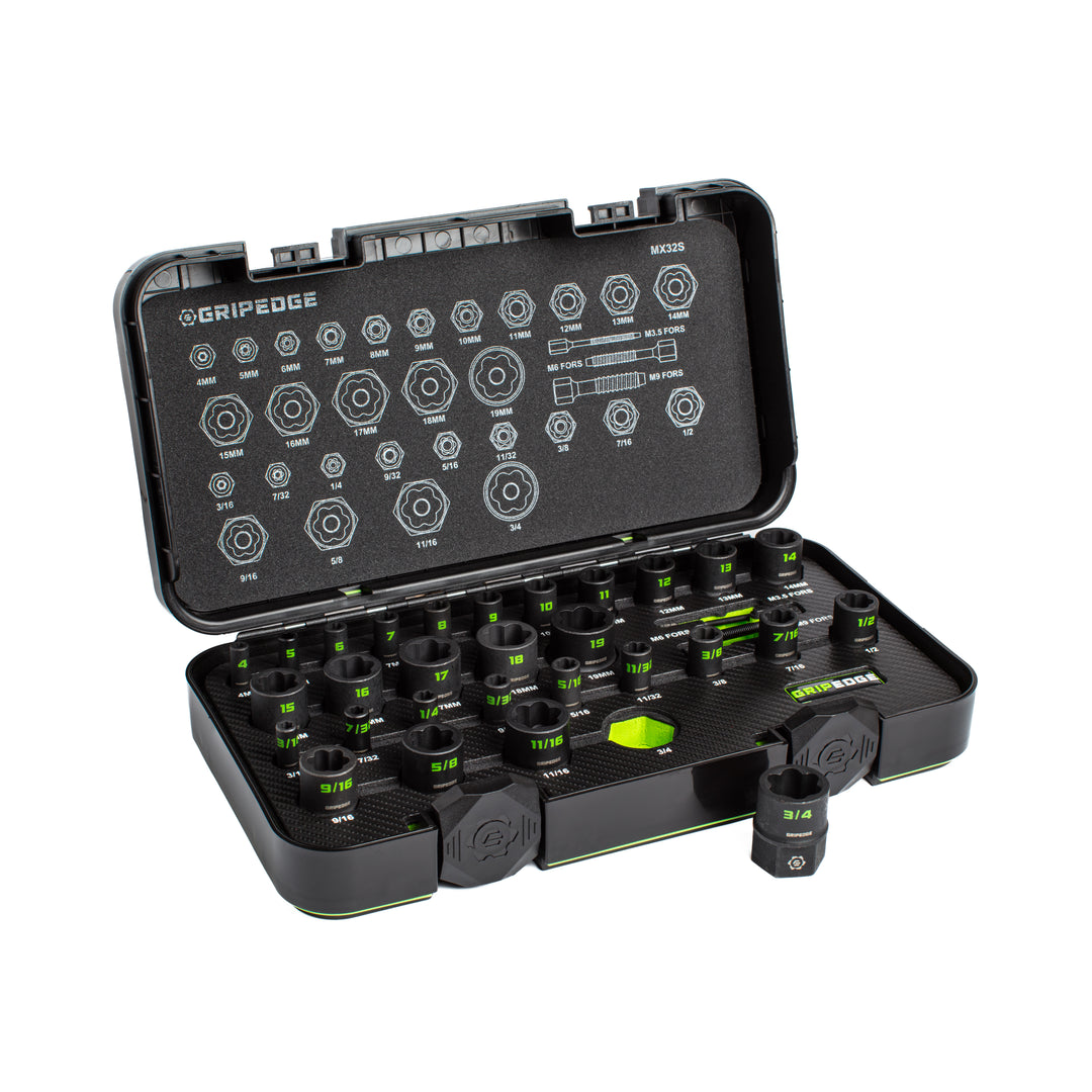 GRIPEDGE RPT Socket Extractor Set — 32-Pc, 1/4″ & 3/8″ Drive, Metric & SAE Master Set