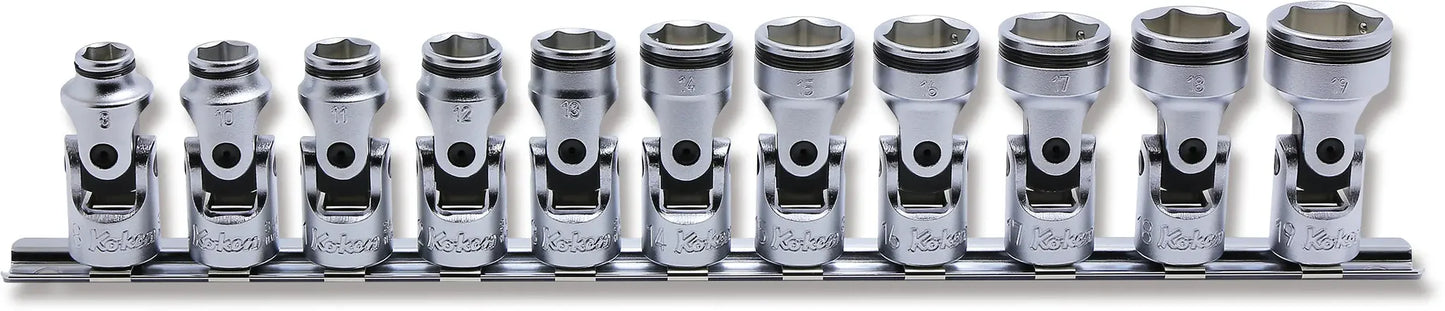 Ko-ken USA 3/8" Sq. Dr. Universal NUT GRIP® Socket Set, 8mm–19mm (11 pc) Front View