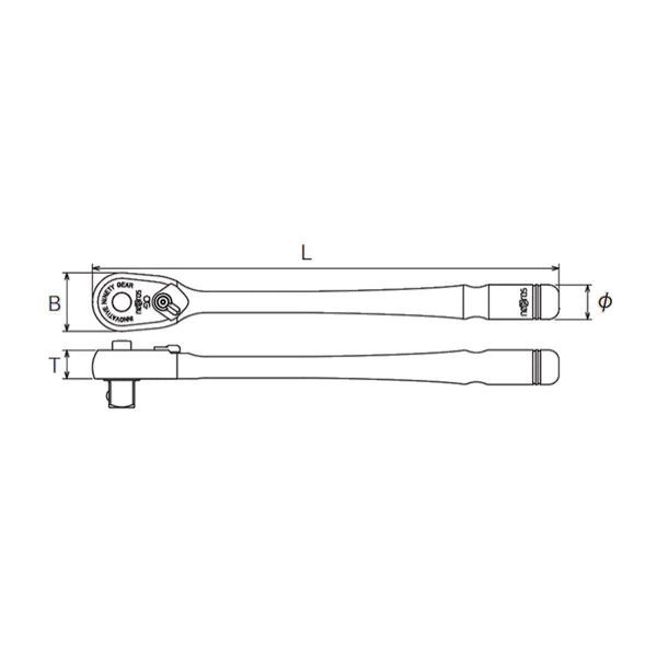 Nepros 3/8"sq. Compact Head Long Ratchet (90-Tooth) mechanical drawing