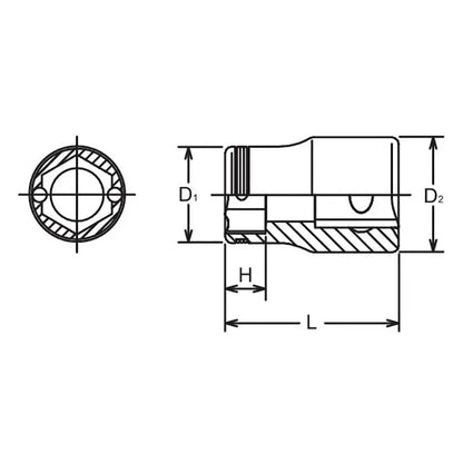 Ko-ken 3/8" Sq. Dr. Socket 21mm Nut Grip Length 29mm mechanical drawing