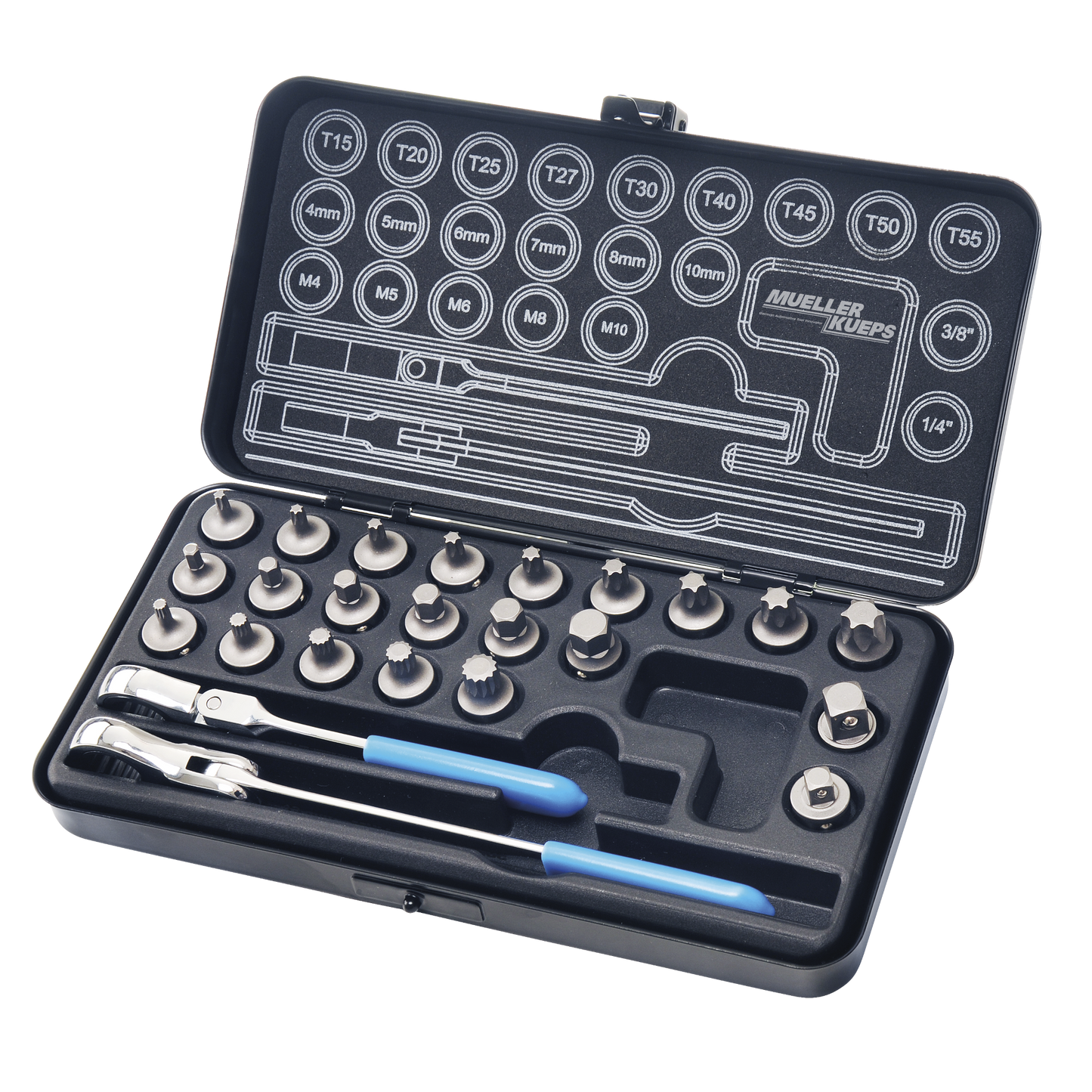 Mueller-Kueps XS Ultra-Slim Bit Ratchet Kit, Torx / Triple-Square / Hex, 1/4″ & 3/8″ Drive