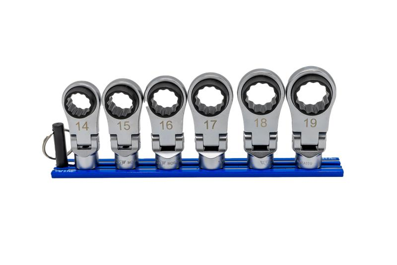 VIM Tools 6 Pc. 12pt Nano Flex Offset Ratcheting Attachment Set – 3/8″ Drive (14–19mm) Front View