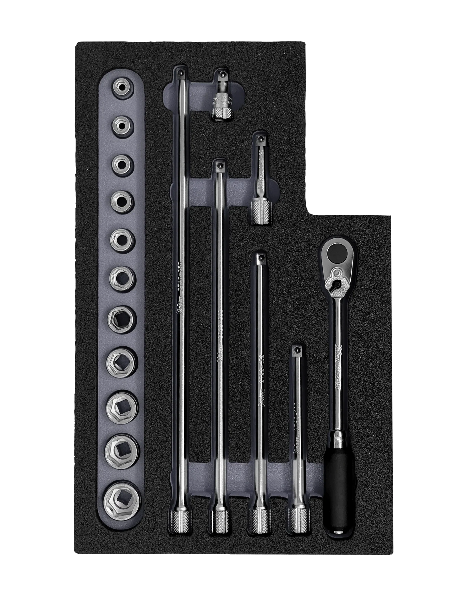 Ko-ken 1/4" Sq. Dr. Nut Grip Socket Set in Foam (KO-1052) Front View