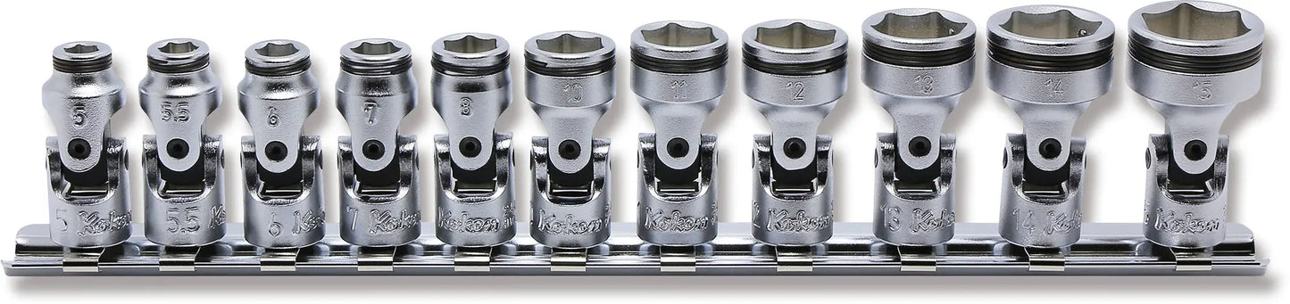 Ko-ken 1/4 Sq. Dr. Universal NUT GRIP Socket Set, 5mm–15mm (11 pcs) Front View