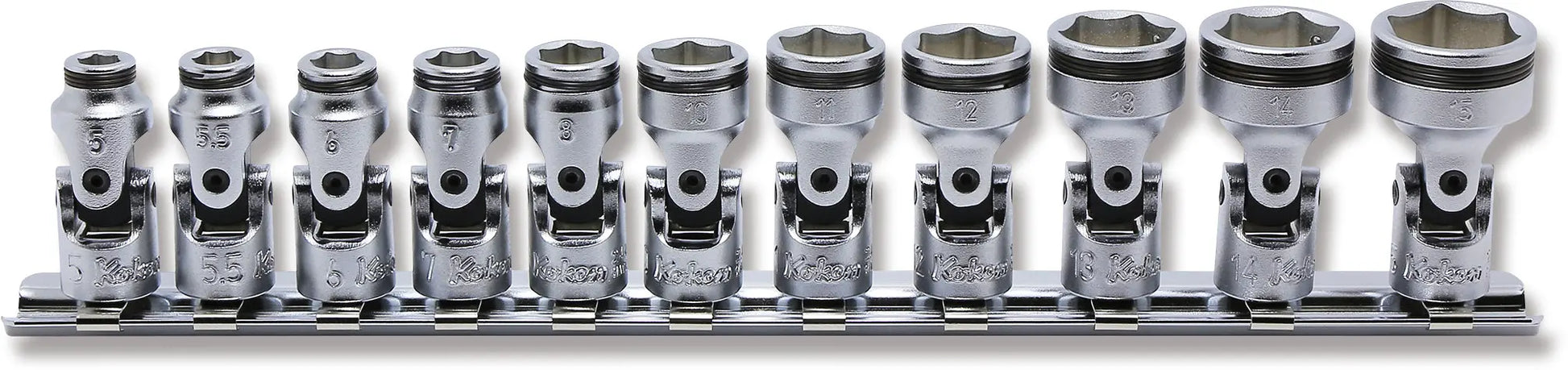 Ko-ken 1/4 Sq. Dr. Universal NUT GRIP Socket Set, 5mm–15mm (11 pcs) Front View