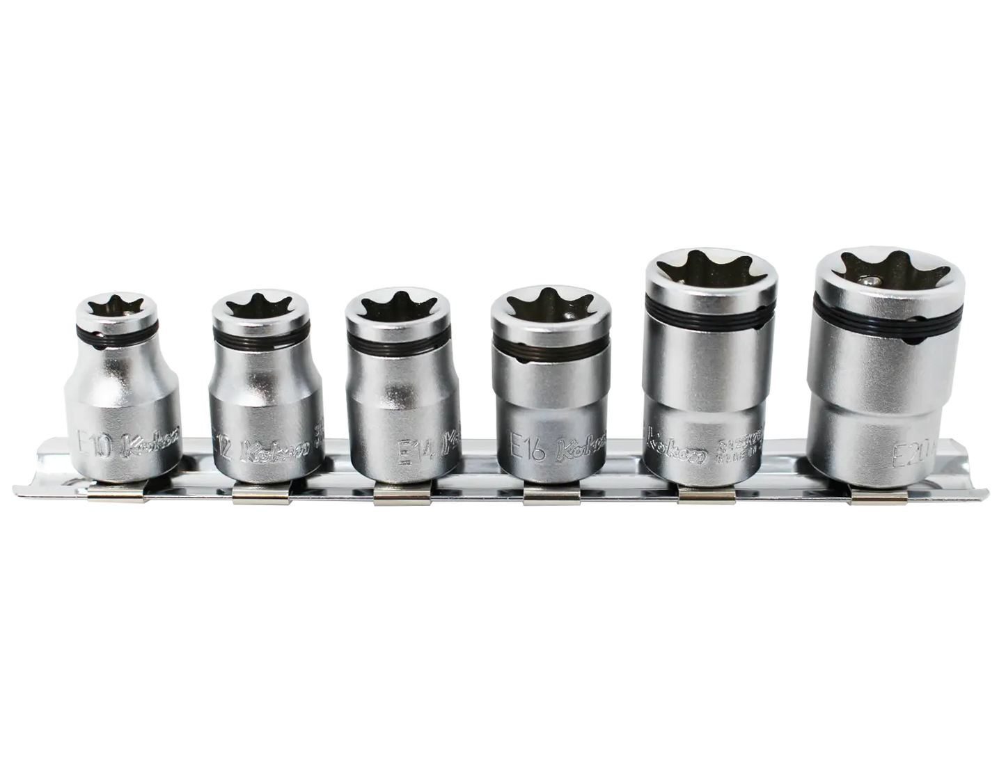 Ko-ken 3/8" Nut Grip E-Torx Socket Set (E10–E20) — 6 Piece Front View