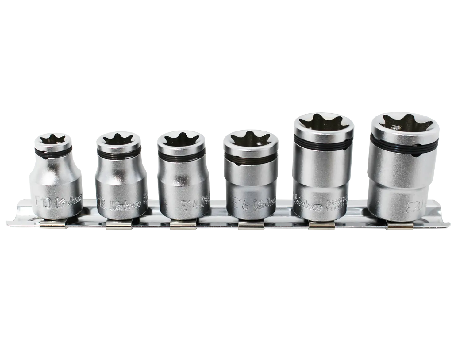 Ko-ken 3/8" Nut Grip E-Torx Socket Set (E10–E20) — 6 Piece Front View