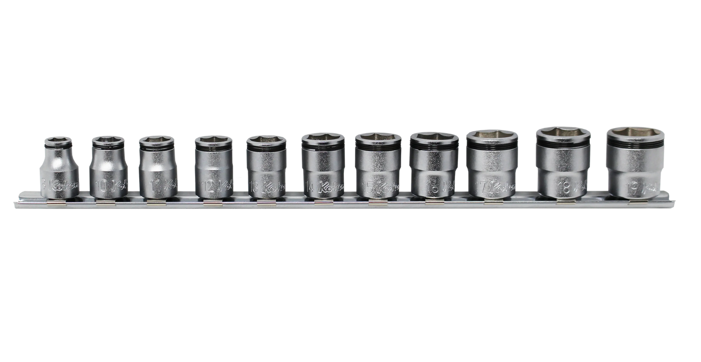 Ko-ken 3/8" Dr NUT GRIP Socket Set 8–19mm (11 Pc) Front View