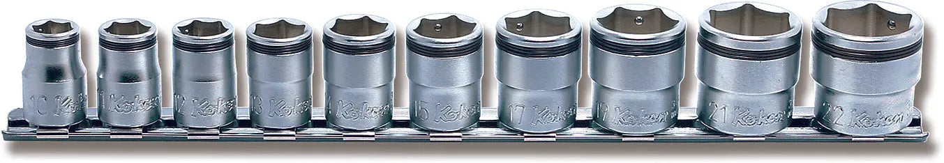 Ko-ken 3/8" Sq. Dr. Nut Grip Socket Set on Rail (10–22mm) — 10 Pc Front View