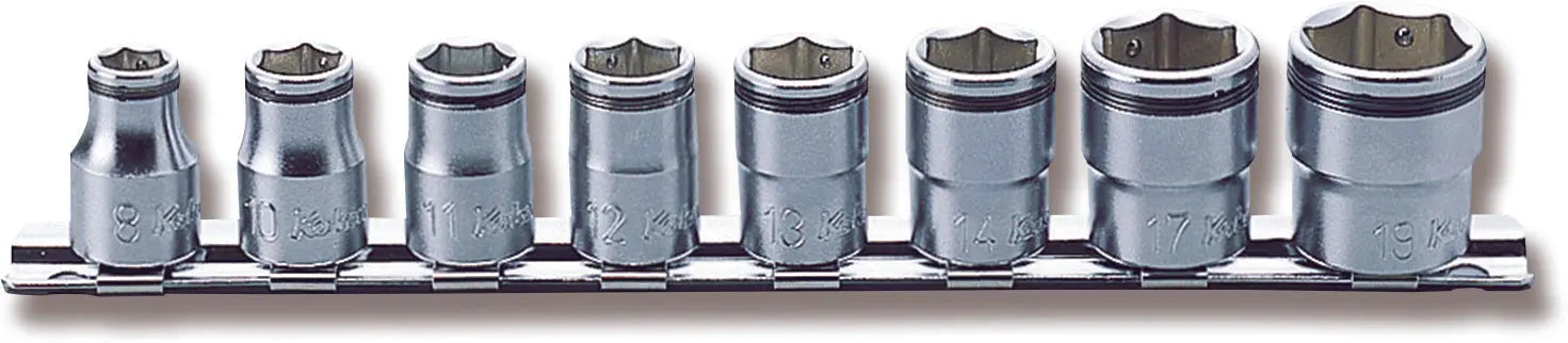 Ko-ken 3/8" Drive NUT GRIP Socket Rail Set, 8–19mm (8 pc) Front view