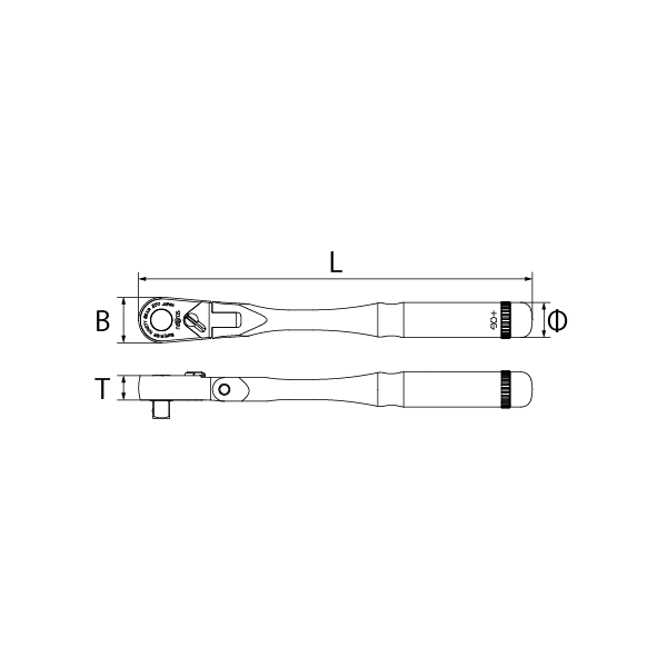 Nepros 3/8" Drive Flex-Head Ratchet Handle (90-Tooth) mechanical drawing