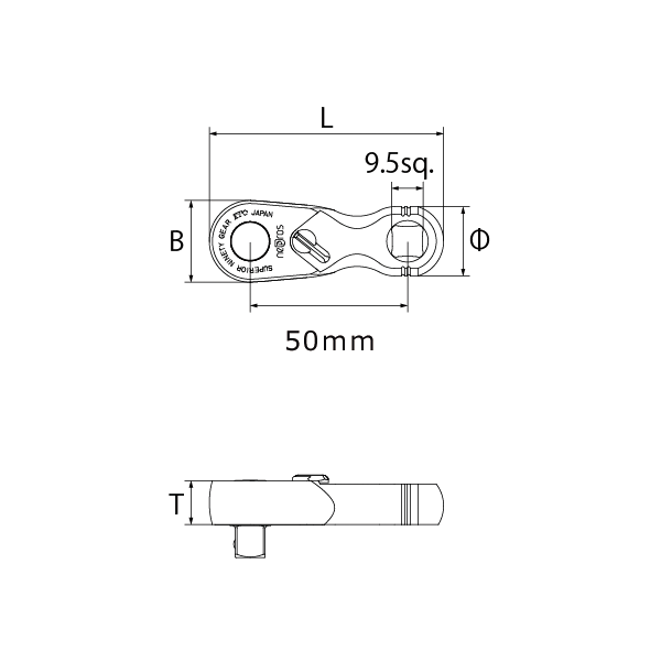 Nepros 3/8"sq. SHORT RATCHET (90-TOOTH) mechanical drawing