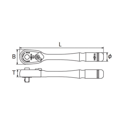 Nepros 1/4"sq. Ratchet Handle (90-Tooth) mechanical drawing