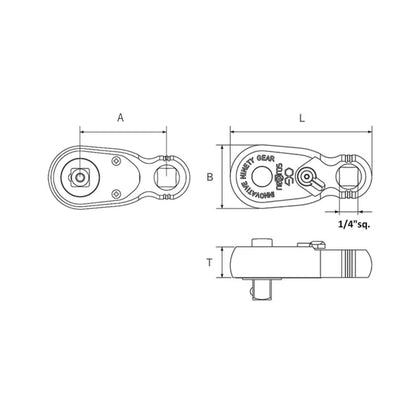 Nepros 1/4"sq. Stubby Ratchet Handle (90-Tooth) mechanical drawing