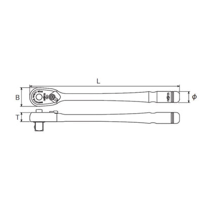 Nepros 1/4"sq. Long Ratchet Handle (90-Tooth) mechanical drawing