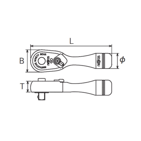 Nepros 1/4"sq. Short Ratchet Handle (90-Tooth) mechanical drawing