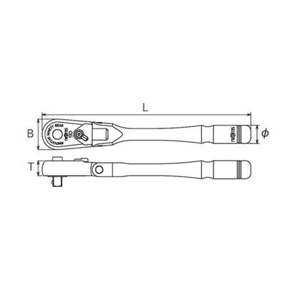 3/8” Drive Flex-Head Ratchet (90-Tooth) mechanical drawing
