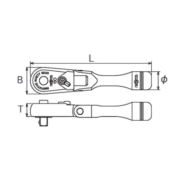 Nepros 3/8"sq. Flex Head Short Ratchet (90-Tooth) mechanical drawing