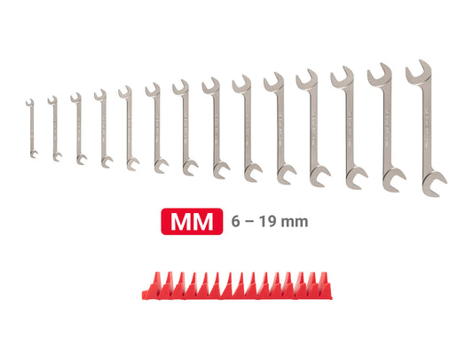 Tekton Angle Head Open End Wrench Set with Modular Organizers, 14-Piece (6-19 mm) Front View