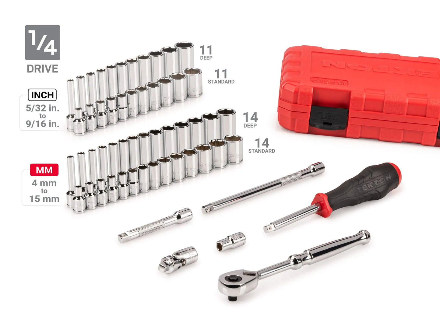 Tekton 1/4", 3/8", 1/2" Drive 6-Point Socket and Ratchet Set with Cases, 212-Piece (5/32" - 1-5/16", 4 - 32 mm)
