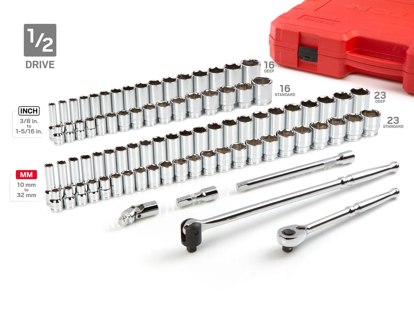 Tekton 1/4", 3/8", 1/2" Drive 6-Point Socket and Ratchet Set with Cases, 212-Piece (5/32" - 1-5/16", 4 - 32 mm)