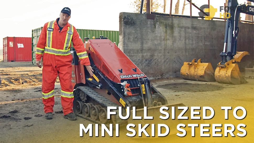 Heavy-duty mechanic stands beside a Ditch Witch SK755 mini skid steer