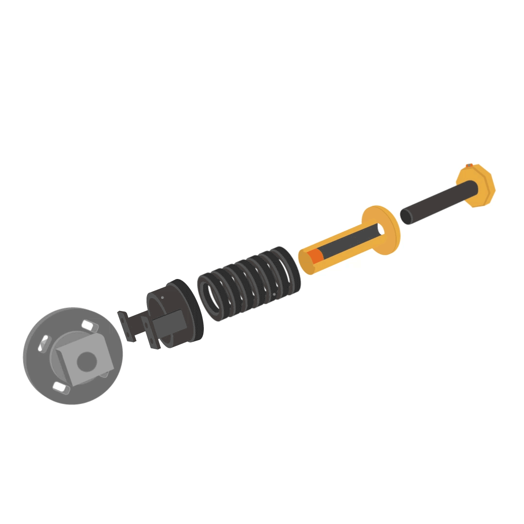 Assembly mechanism of the front idler, yoke, recoil spring, track cylinder, cylinder piston, and grease valve.