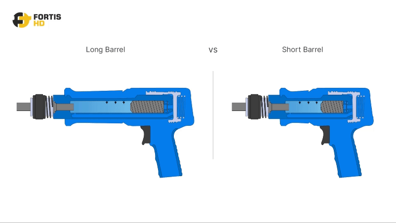 Comparison of the internal mechanism of pistons inside long and short barrel air hammers.
