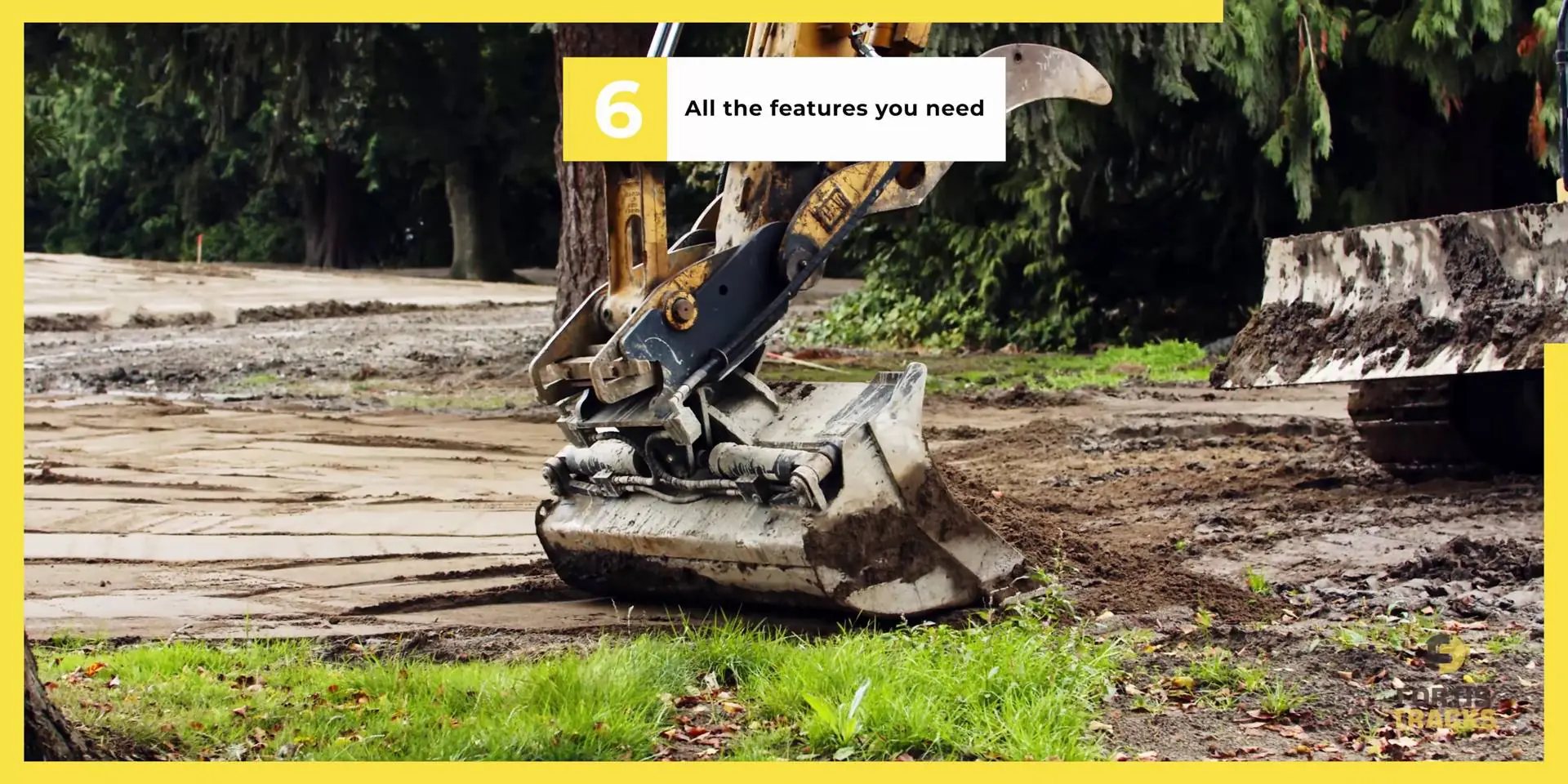 the bucket and thumb of an excavator resting on the ground with a caption that says "all the features you need"