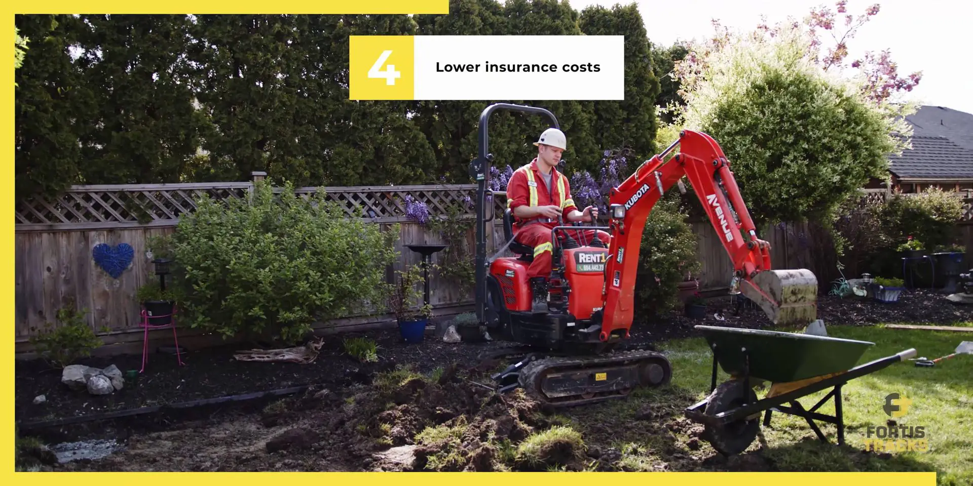 heavy equipment operator uding a Kubota mini excavator to dig up a back yard with a caption that says "lower insurance costs"