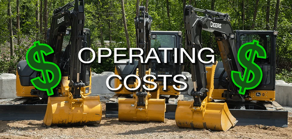 several parked mini excavators on a job site with the caption "operating costs"