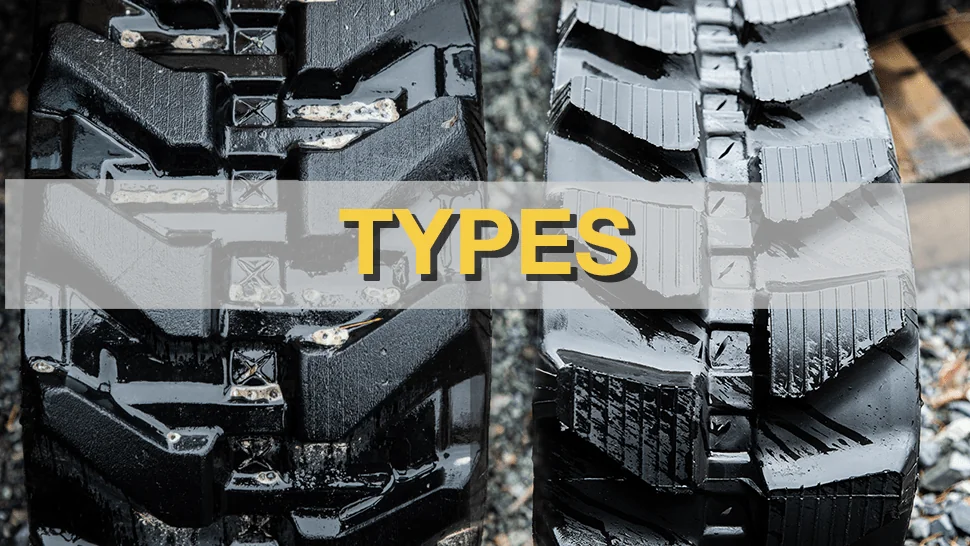 close up of different types of rubber tracks for heavy equipment