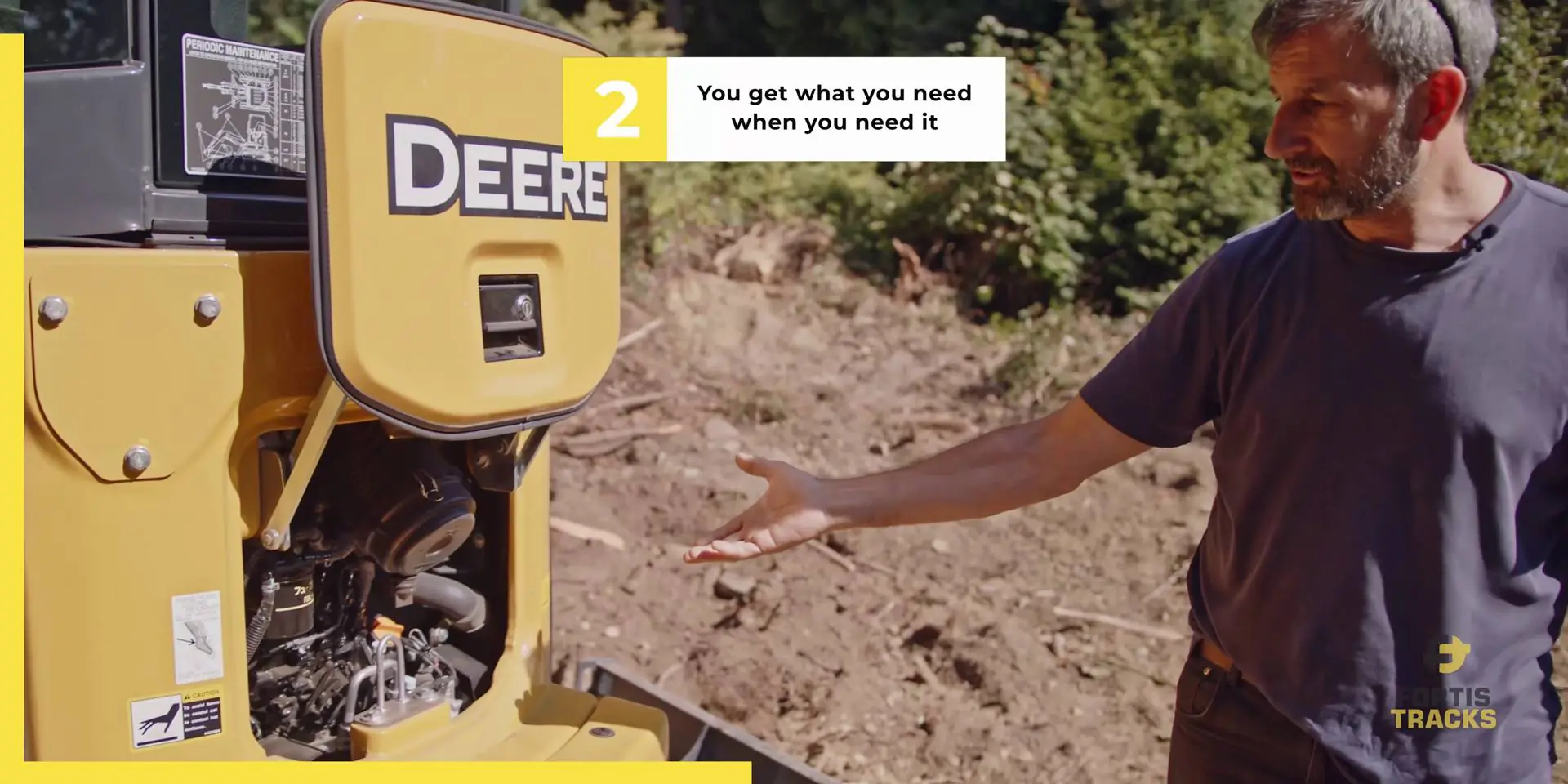 Heavy mechanic shows us the inside of a John Deere mini excavator with a caption that reads "get what you need when you need it"