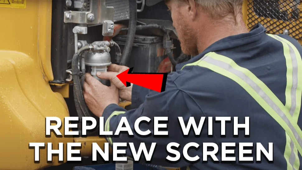 Where to replace the screen on a water separator inside an excavator