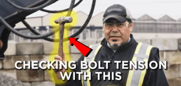 Pointing to a ball peen hammer held by a heavy equipment technician