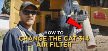 Texting saying "How to change the CAT 314 Air Filter" with a heavy mechanic and air filter in the background"