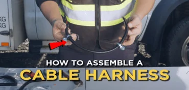 HD mechanic assembling a cable harness and a overlay text saying 