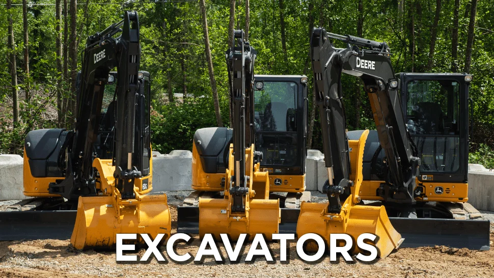 Three excavators lined up in a row