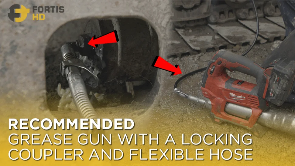 Two arrows point at the flexible hose and locking mechanism on a Milwaukee grease gun.