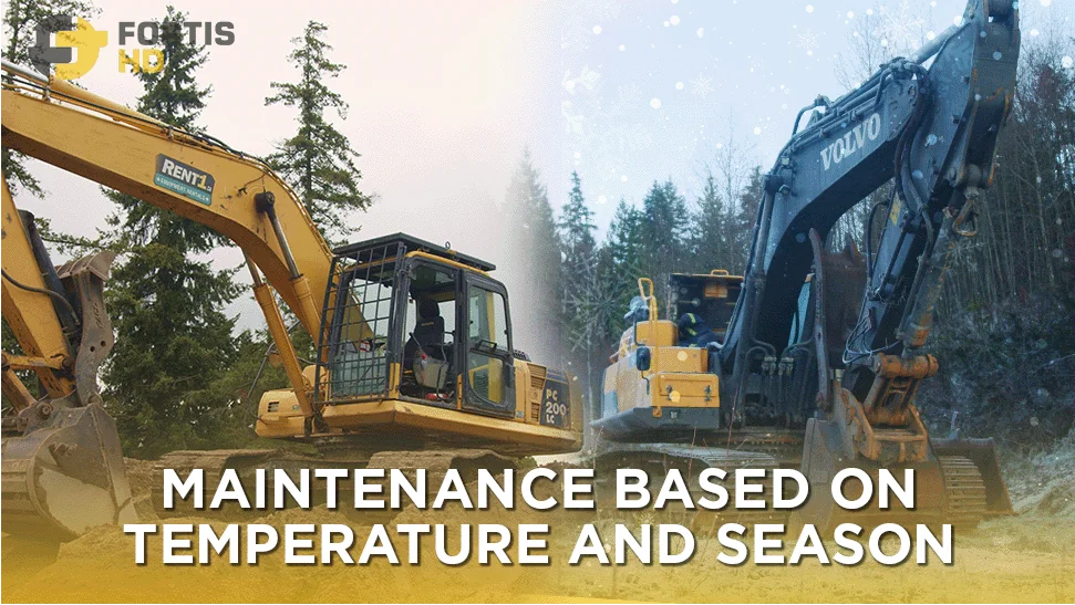 Two excavators side by side. One works in the summer, and the other in winter. The overlay text reads: maintenance based on temperature and season.