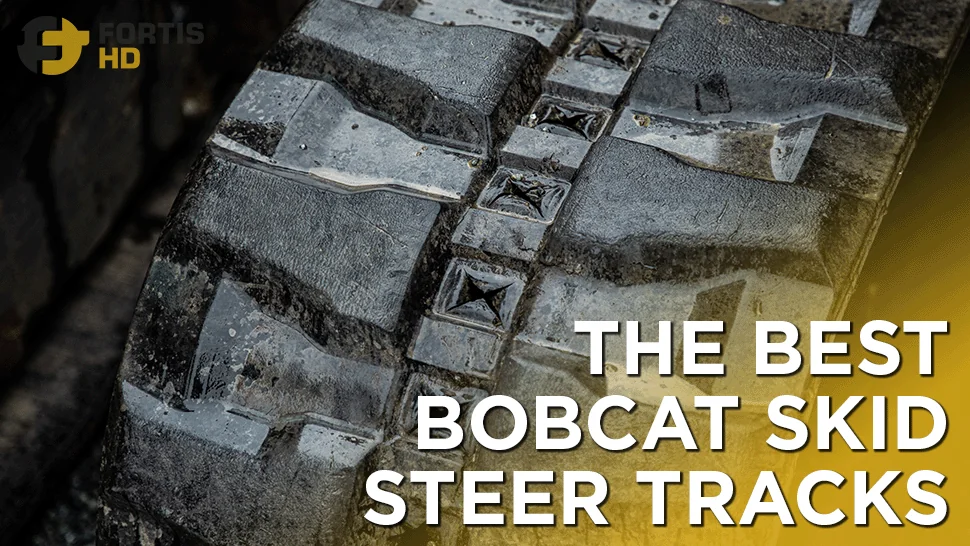 Rubber track with a T-block tread pattern and an overlay text that says: The best Bobcat skid steer tracks.