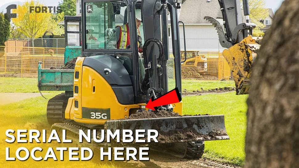 An arrow shows the location of the serial number on a John Deere 35G mini excavator.