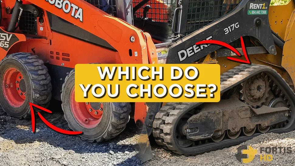 A Kubota SSV65 skid steer and a John Deere 317G compact track loader side by side. The overlay text reads: which do you choose?