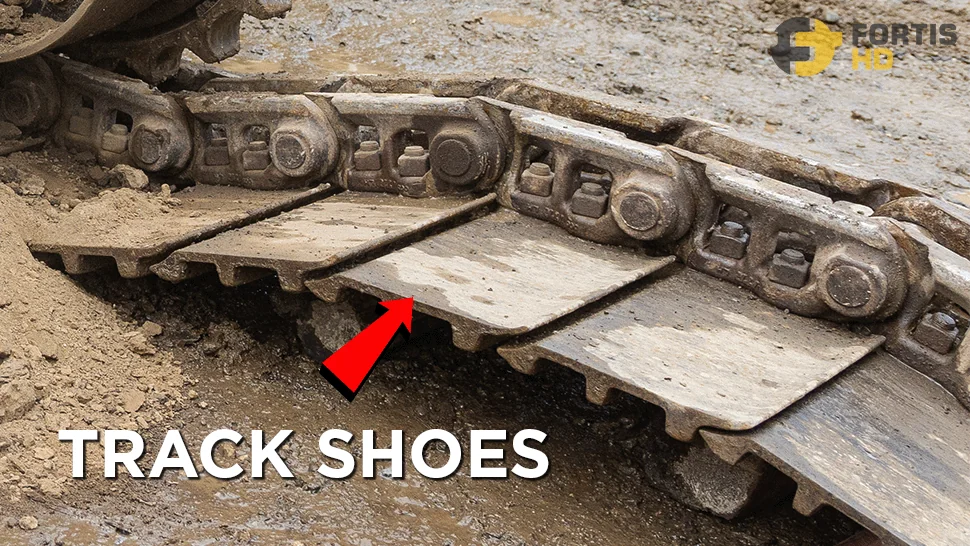 Close-up of track shoes on a steel track undercarriage.