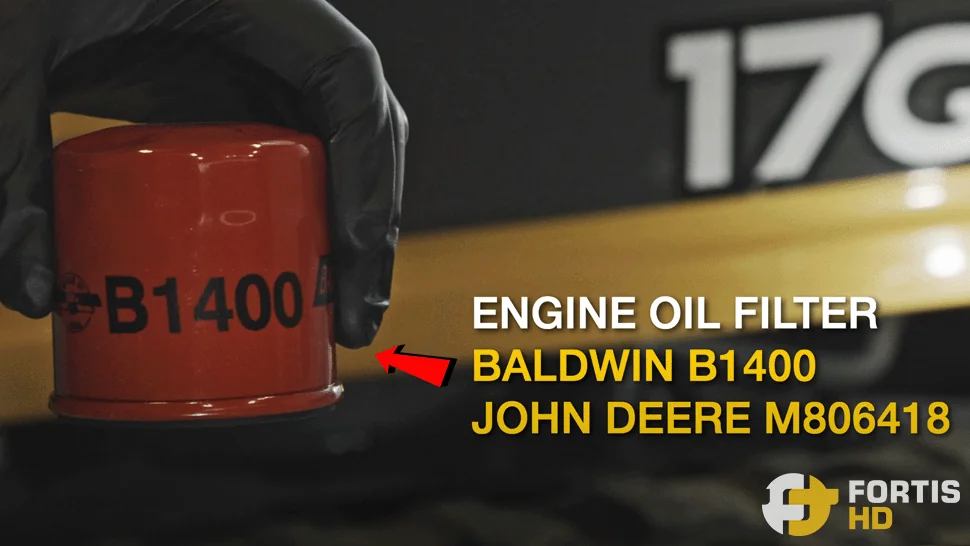 Engine oil filter for a John Deere 17G Mini Excavator. OEM part: M806418.