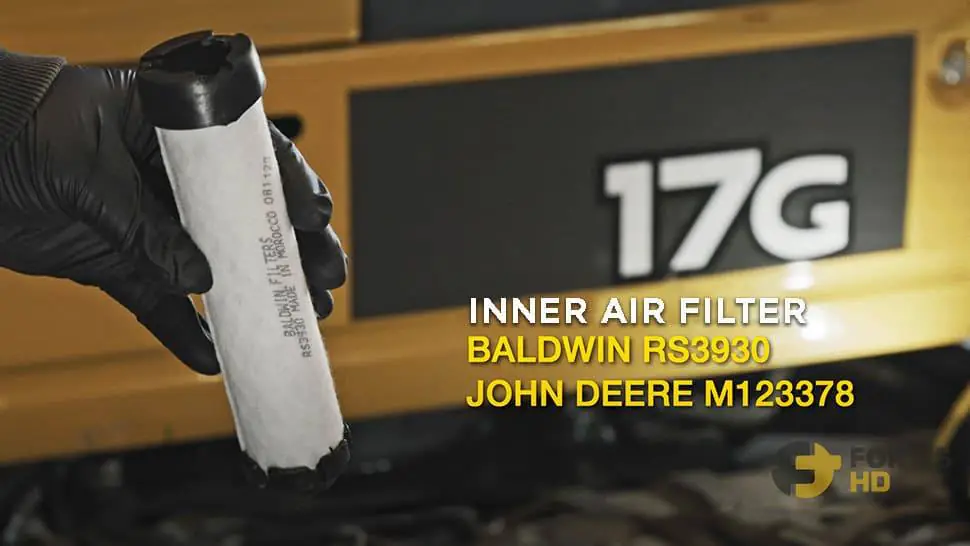 Inner engine air filter for a John Deere 17G Mini Excavator. OEM number: M123378.