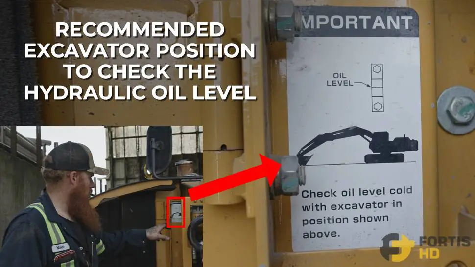 Sticker showing the recommended excavator position to check the hydraulic oil level.
